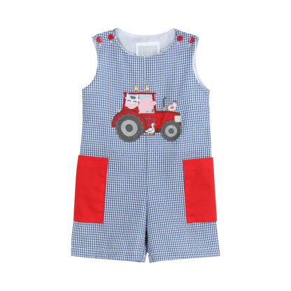 Baby Boy Blue Gingham Farm Animal Tractor Pocket Shortalls