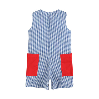 Baby Boy Blue Gingham Farm Animal Tractor Pocket Shortalls