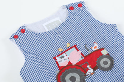 Baby Boy Blue Gingham Farm Animal Tractor Pocket Shortalls