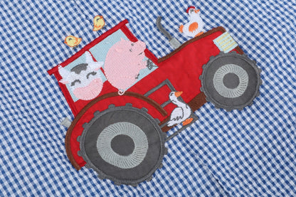 Baby Boy Blue Gingham Farm Animal Tractor Pocket Shortalls