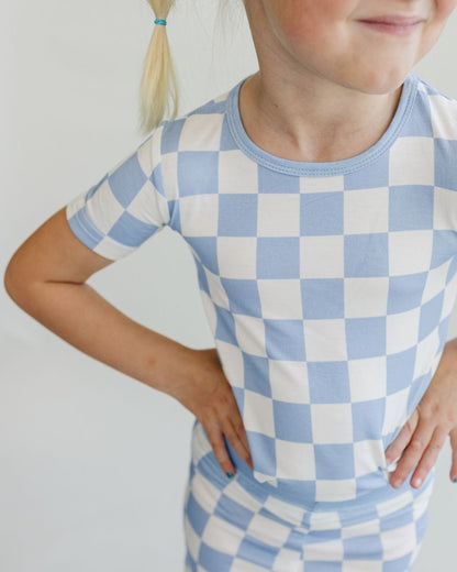 Blue Checkered Bamboo Two Piece Shorts Pajama Set