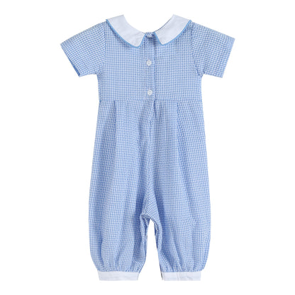 Baby Boy Light Blue Gingham Peek-a-Boo Easter Bunny Collared Romper