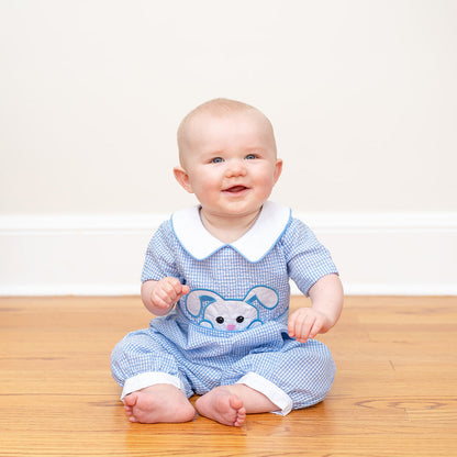 Baby Boy Light Blue Gingham Peek-a-Boo Easter Bunny Collared Romper