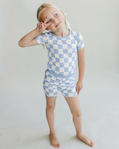 Blue Checkered Bamboo Two Piece Shorts Pajama Set