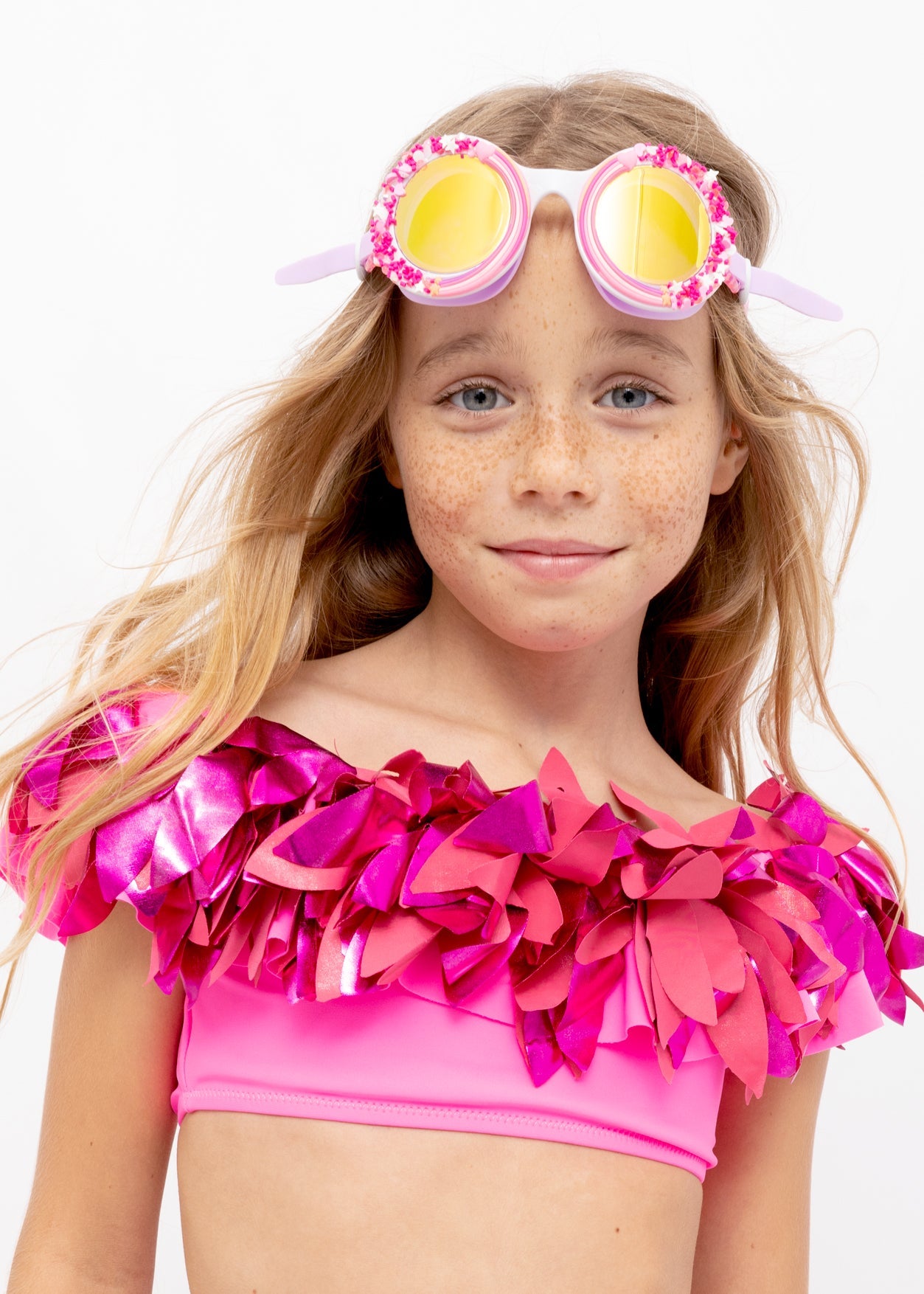 Girl Neon Pink Ruffle Bikini Set with Pink Metallic Petals