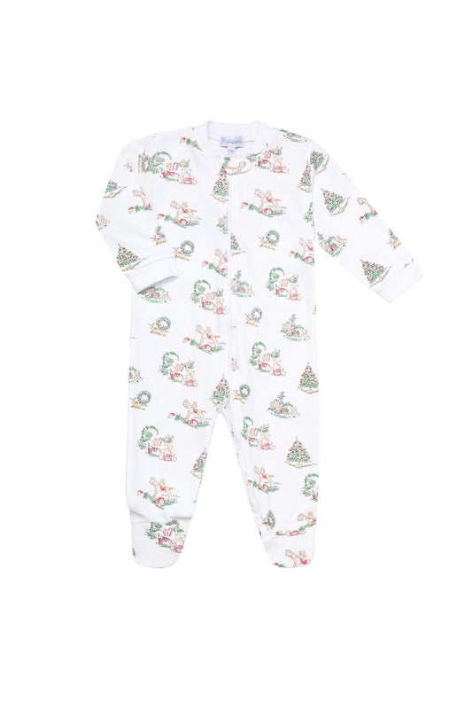 Christmas Toile Pima Cotton Zipper Baby Footie with festive holiday design - front side
