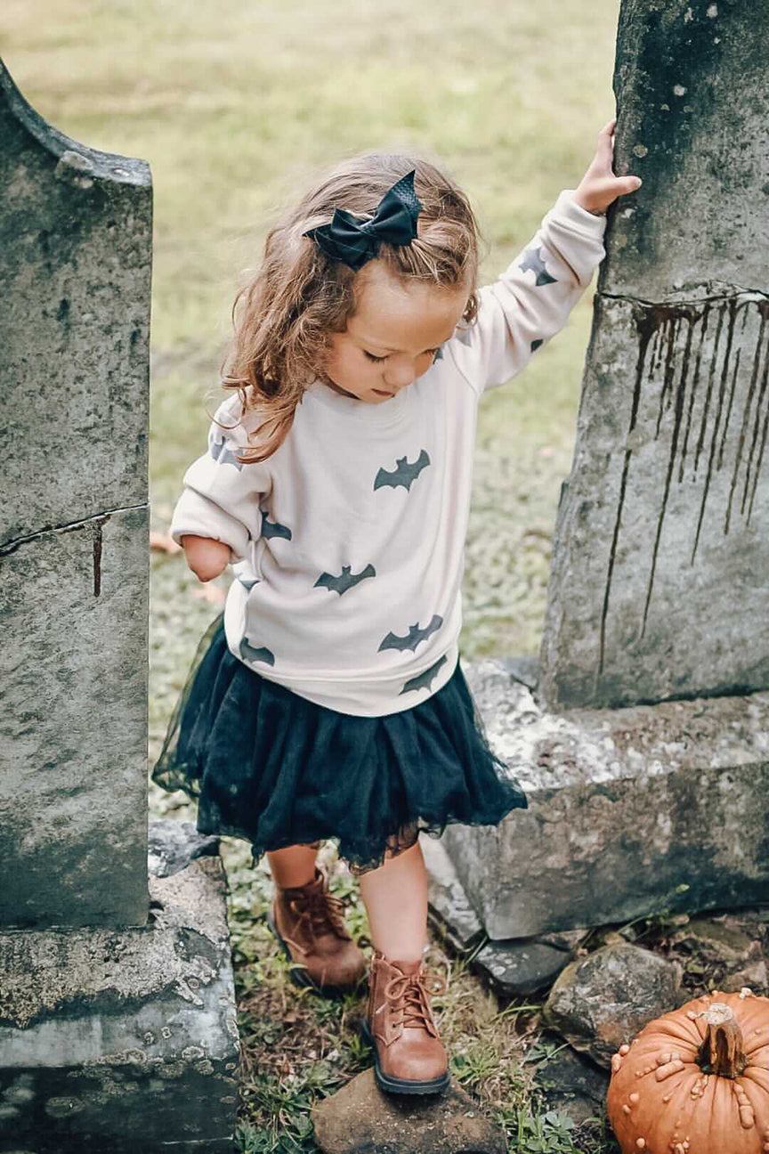 Kids Bat Sweatshirt in Tan with Halloween Bat Print