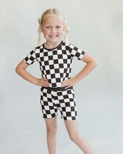 Black Checkered Bamboo Two Piece Pajama Shorts Set