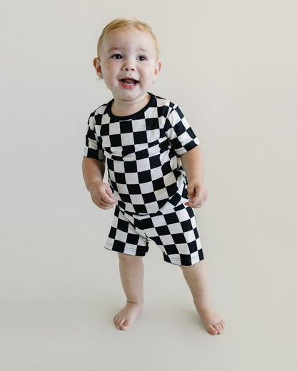 Black Checkered Bamboo Two Piece Pajama Shorts Set