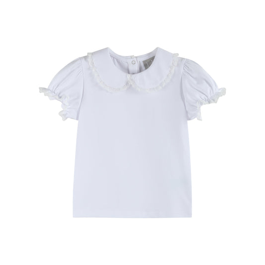 Girls White Lace Collared Girls Short Bubble Sleeve Top