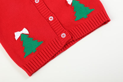 Girls Red Christmas Tree Knit Cardigan