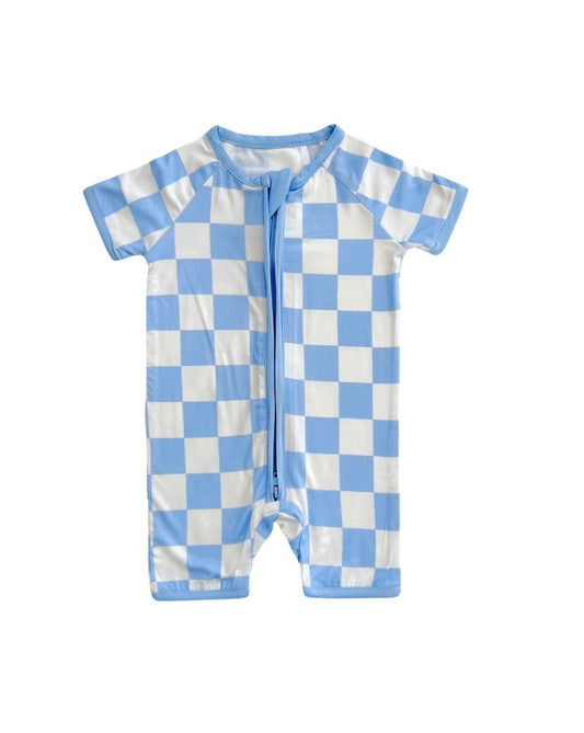 Blue Checkered Bamboo Shorty Baby Romper