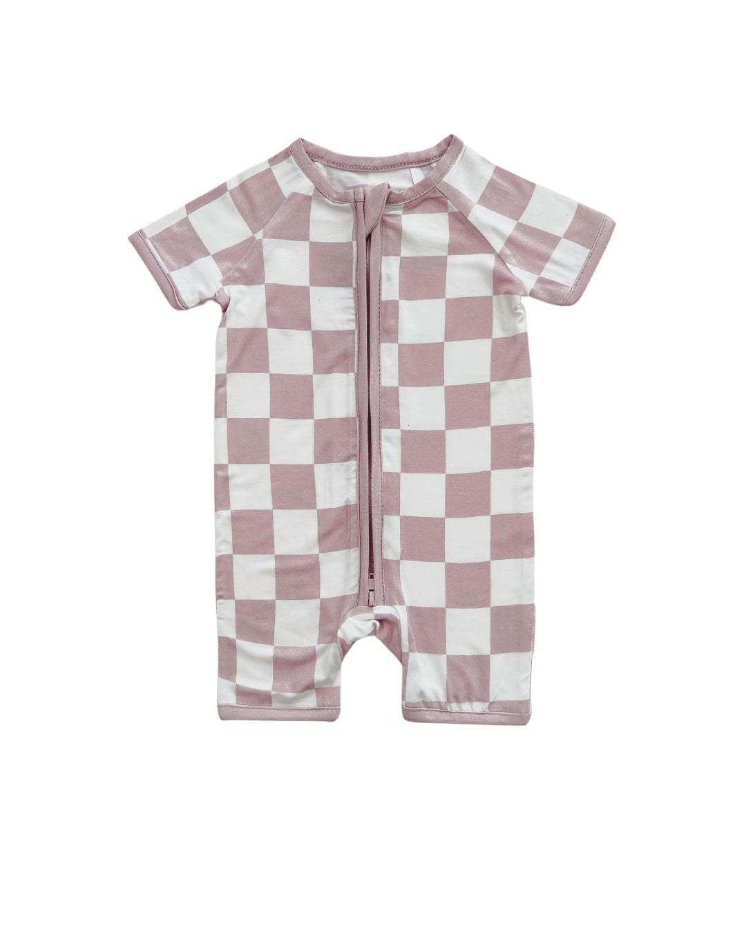 Latte Checkered Bamboo Shorty Baby Romper