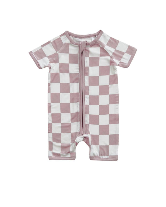 Latte Checkered Bamboo Shorty Baby Romper