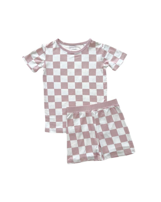 Latte Checkered Bamboo Two Piece Shorts Pajama Set