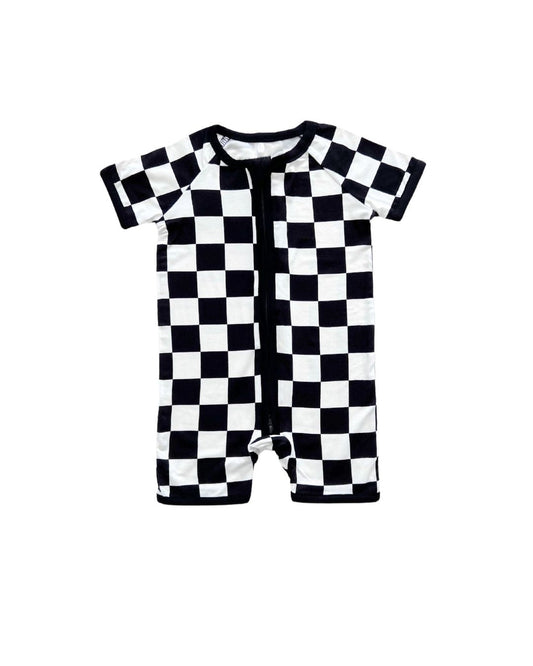 Black Checkered Bamboo Shorty Baby Romper