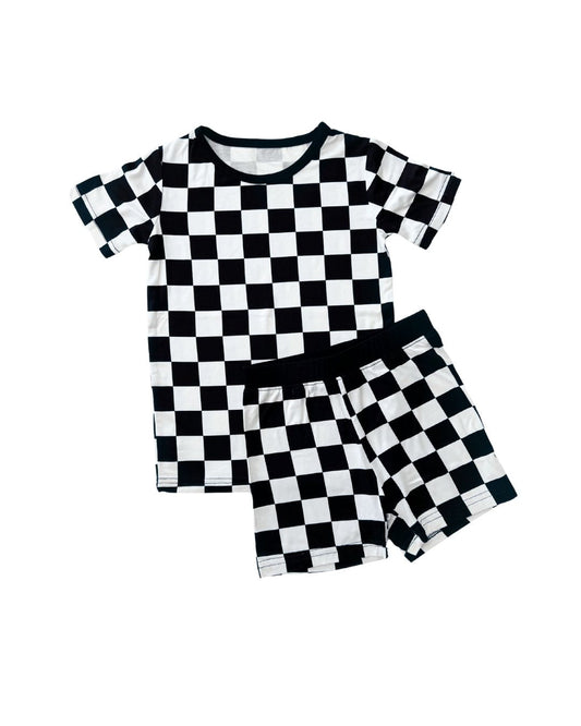 Black Checkered Bamboo Two Piece Pajama Shorts Set