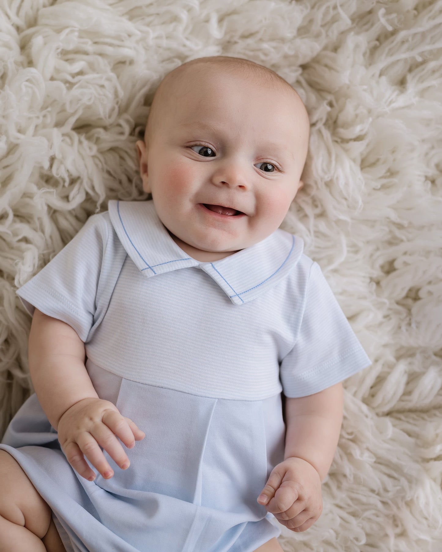 Baby Boy Light Blue Striped Classic Pima Cotton Bubble Romper