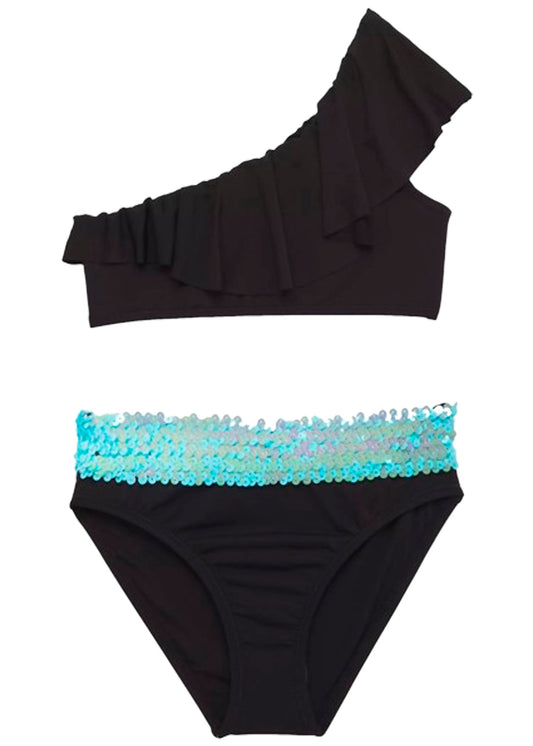 Girls Black One Shoulder Bikini with Aqua Sequin Belt