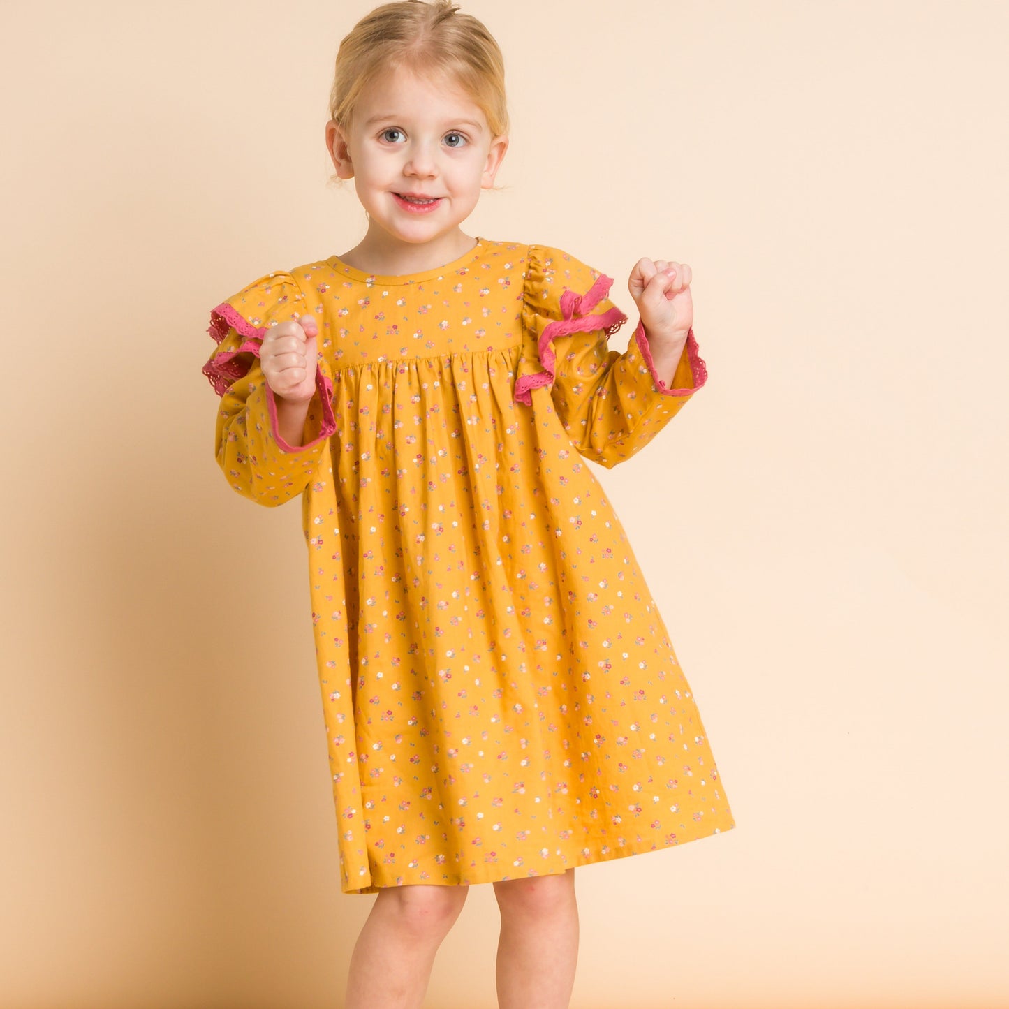 Girls Flutter Sleeves Dress with Lace Trim | Charlotte Provence Meadow