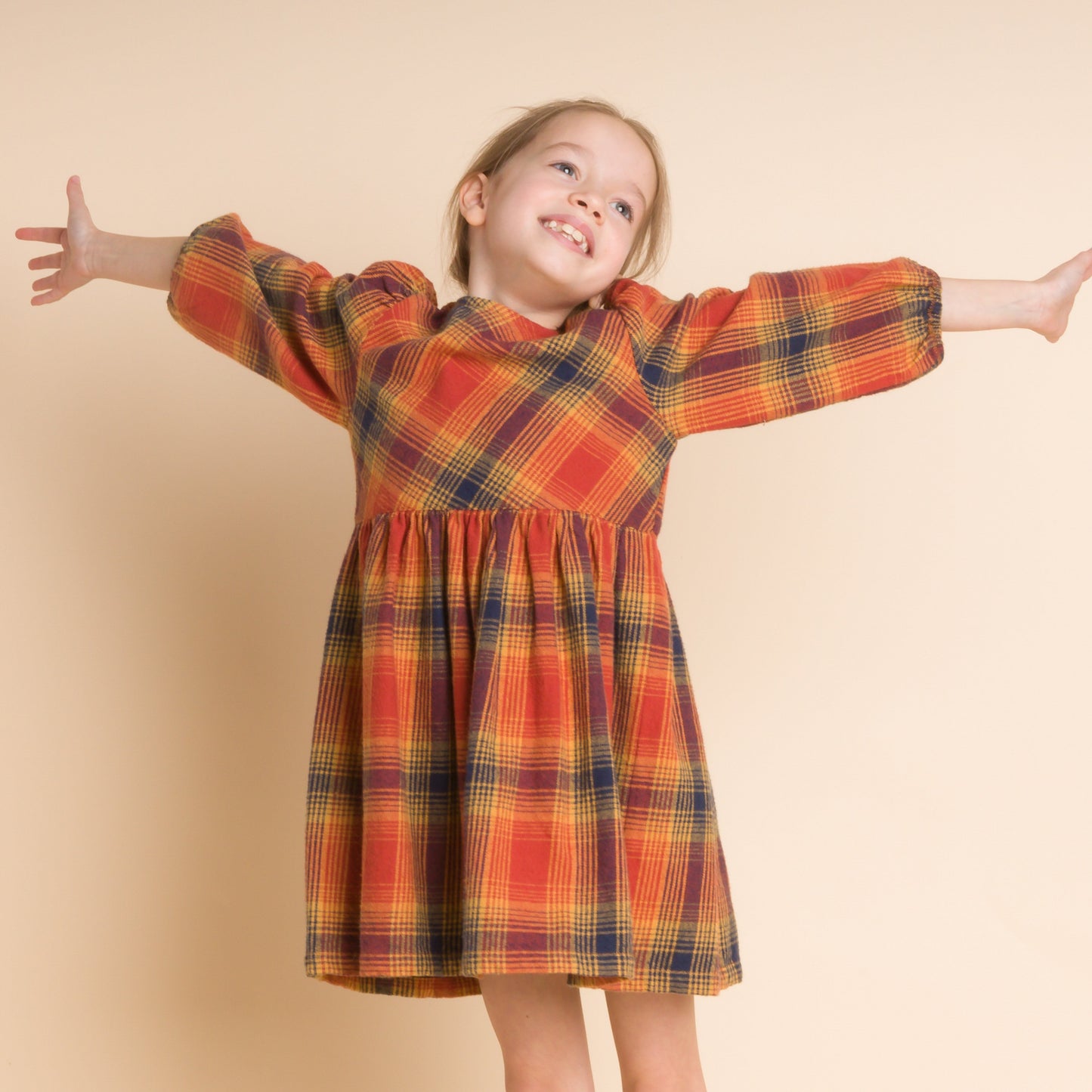 Girls Long Sleeve Plaid Orange Flannel Dress