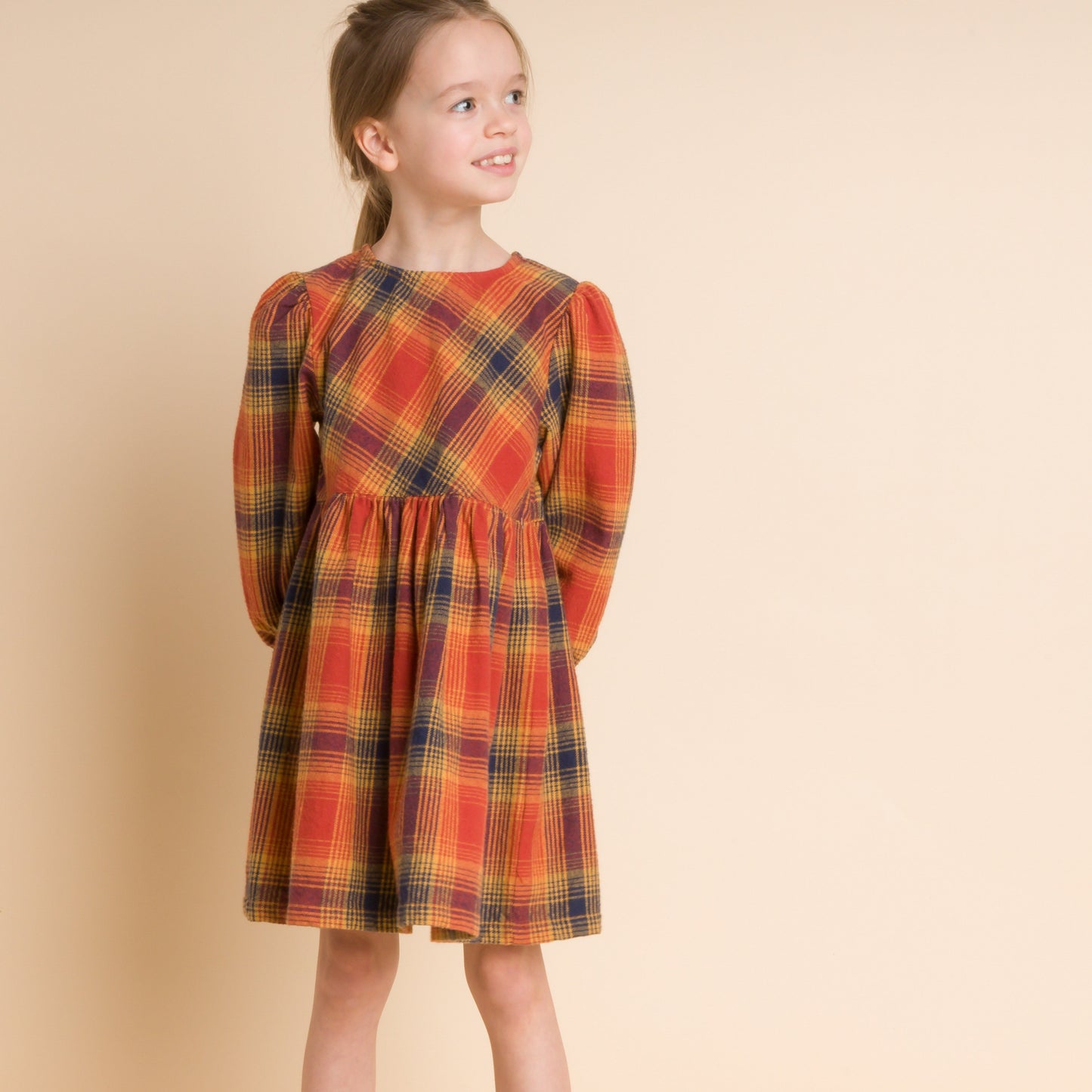 Girls Long Sleeve Plaid Orange Flannel Dress