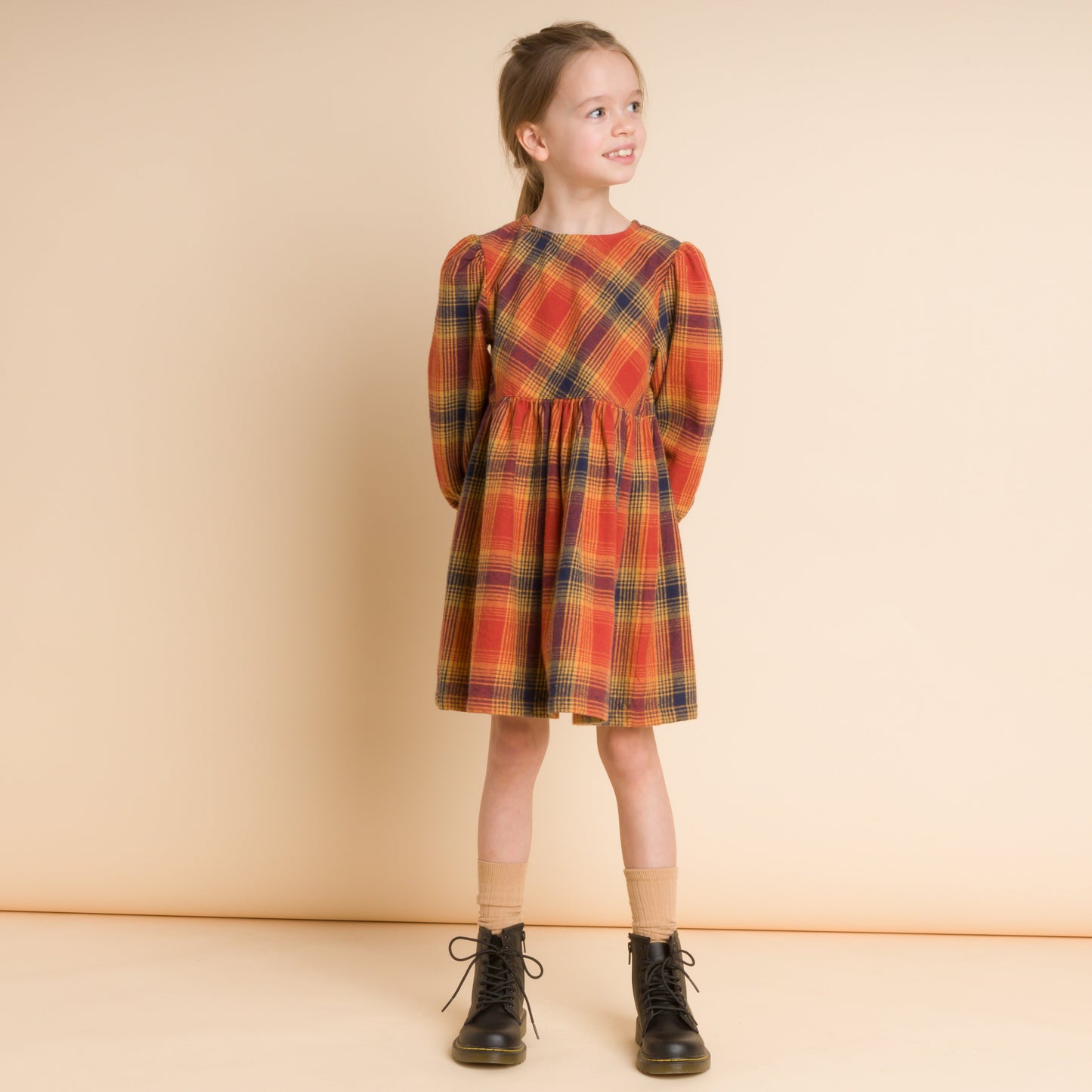 Girls Long Sleeve Plaid Orange Flannel Dress