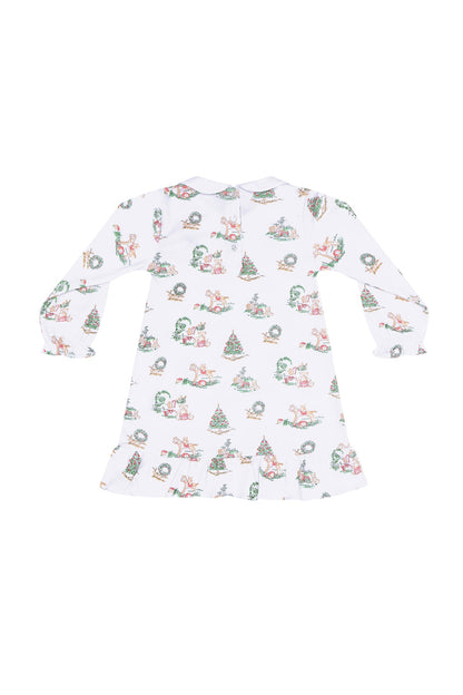 Girls Christmas Toile Long Sleeve Pima Cotton Playtime Dress