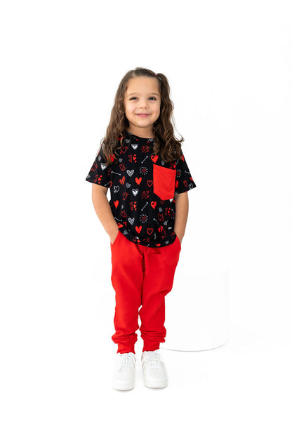 Girls Heart Doodles Red Bamboo Pocket Tee and Jogger Set