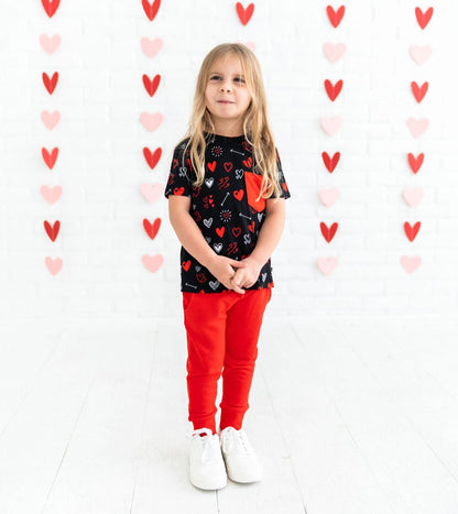 Girls Heart Doodles Red Bamboo Pocket Tee and Jogger Set