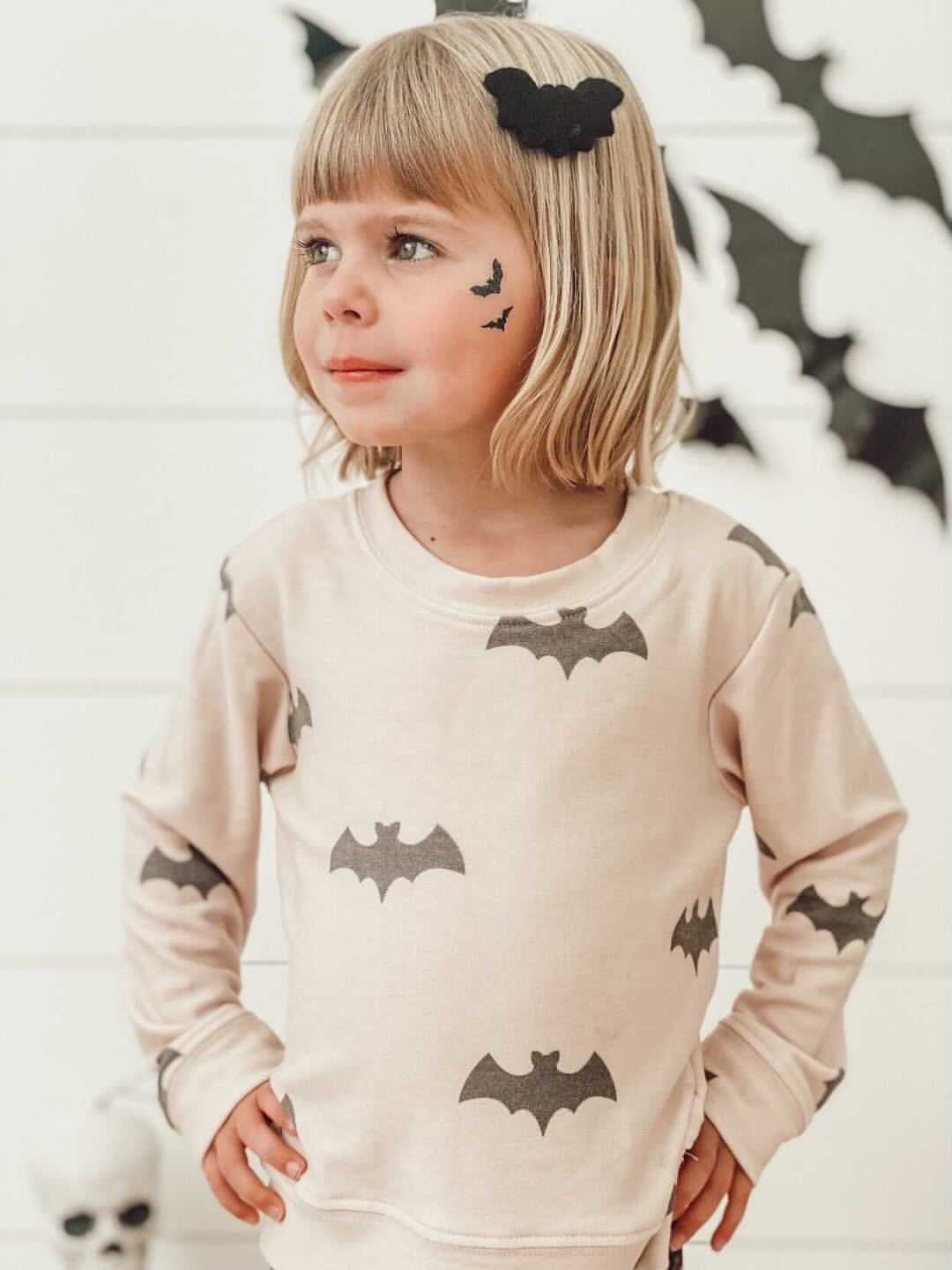 Kids Bat Sweatshirt in Tan with Halloween Bat Print