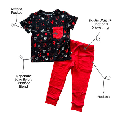 Girls Heart Doodles Red Bamboo Pocket Tee and Jogger Set