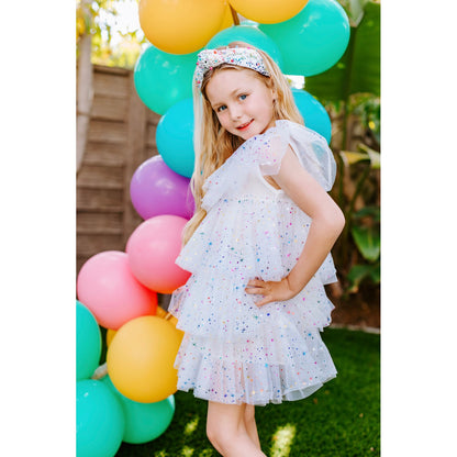 Girls White Sparkler Foil Cake Dress