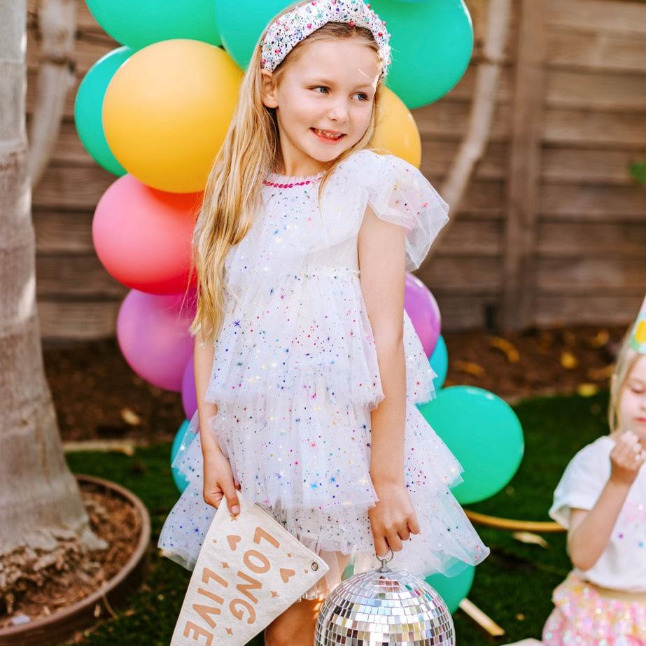 Girls White Sparkler Foil Cake Dress