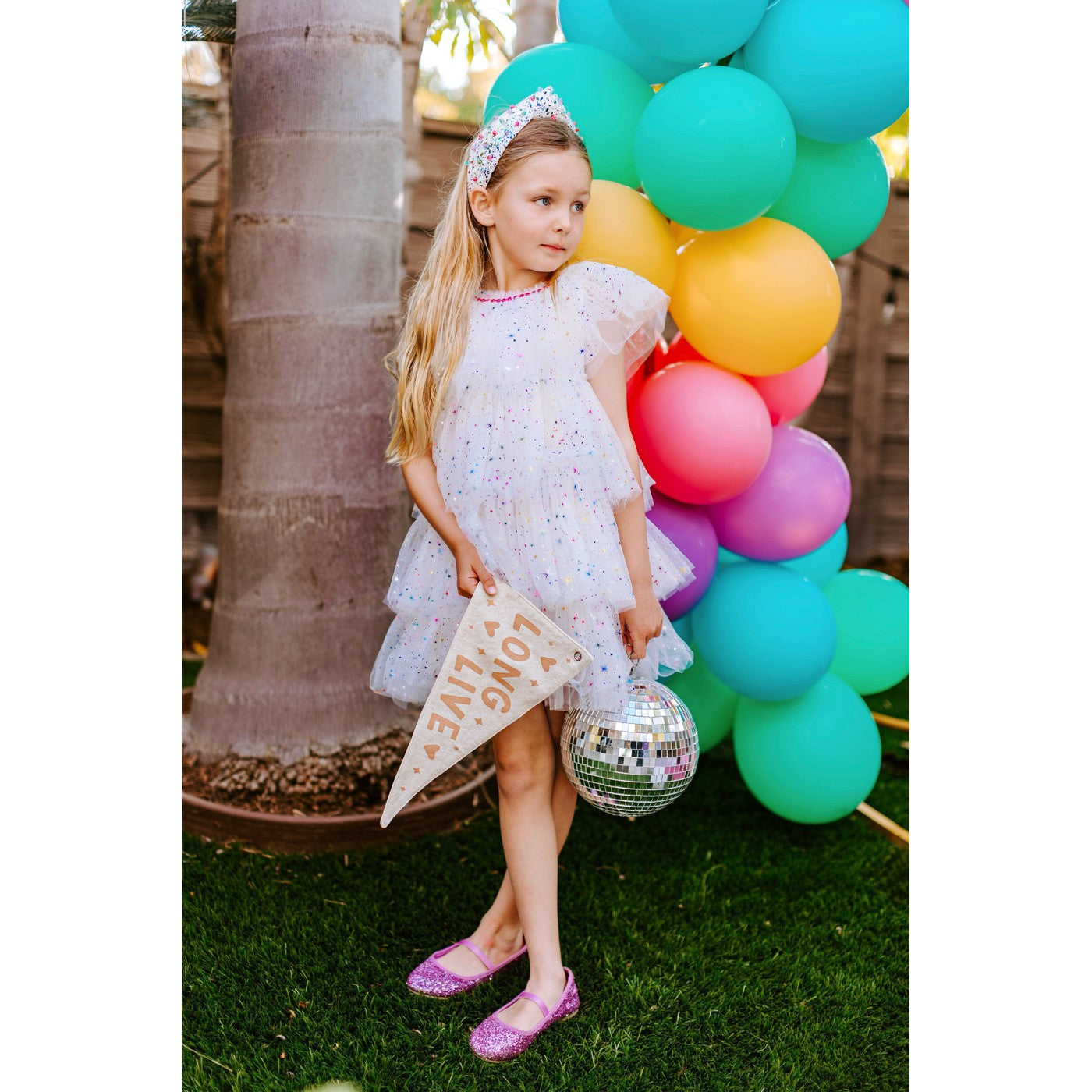 Girls White Sparkler Foil Cake Dress