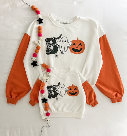 BOO Women’s and kids Contrast Sleeve Sweatshirt with Halloween Design