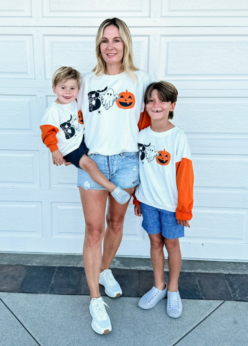 women and kids with BOO Contrast Sleeve Sweatshirt with Halloween Design

