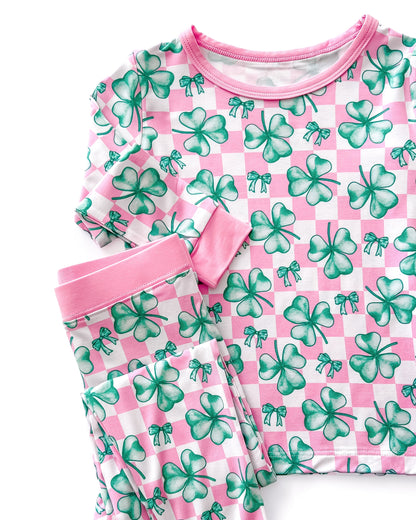 Girls Shamrock & Bows Bamboo Two Piece Pajama Set