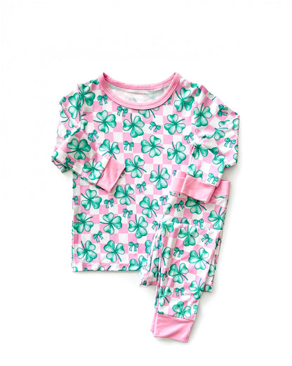 Girls Shamrock & Bows Bamboo Two Piece Pajama Set