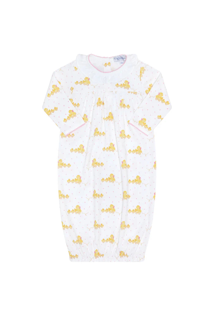 Pink Ducks Print Pima Cotton Baby Girl Gown with ruffle collar, perfect for cozy and charming nightwear by Nellapima