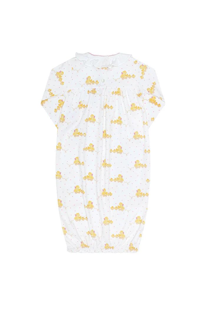 Pink Ducks Print Pima Cotton Baby Girl Gown with ruffle collar, perfect for cozy and charming nightwear by Nellapima