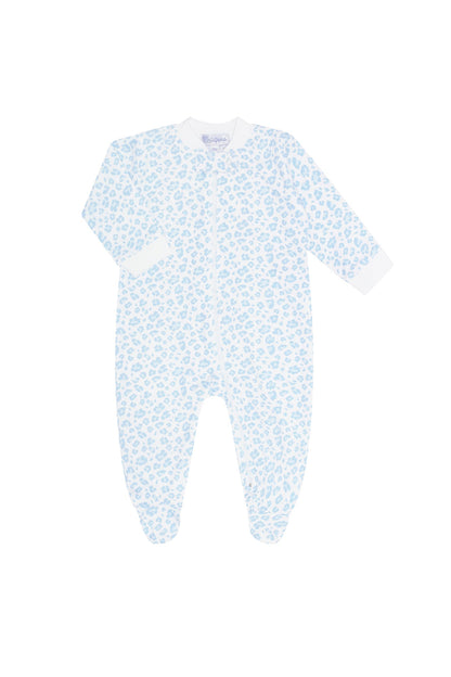 Blue Cheetah Print Zipper Baby Footie with White Zipper