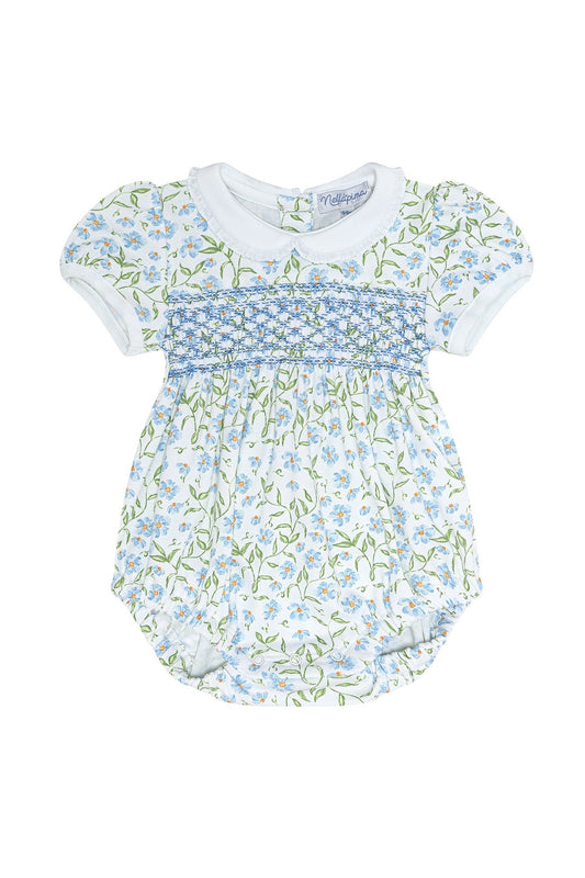 Baby Girl Blue Vines Print Pima Cotton Smocked Bubble