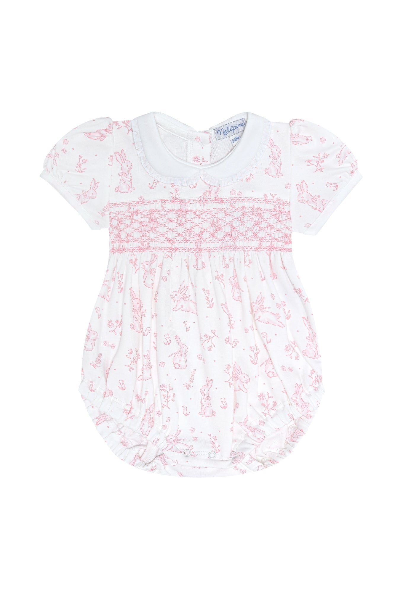 Baby Girl Pink Bunny Toile Pima Cotton Smocked Bubble