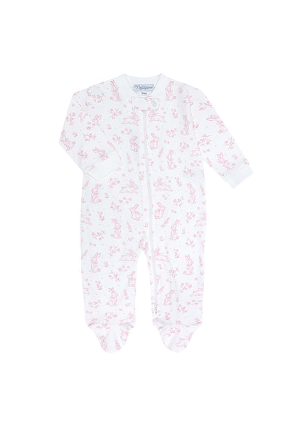 Baby Girl Pink Bunny Toile Pima Cotton Zipper Footie