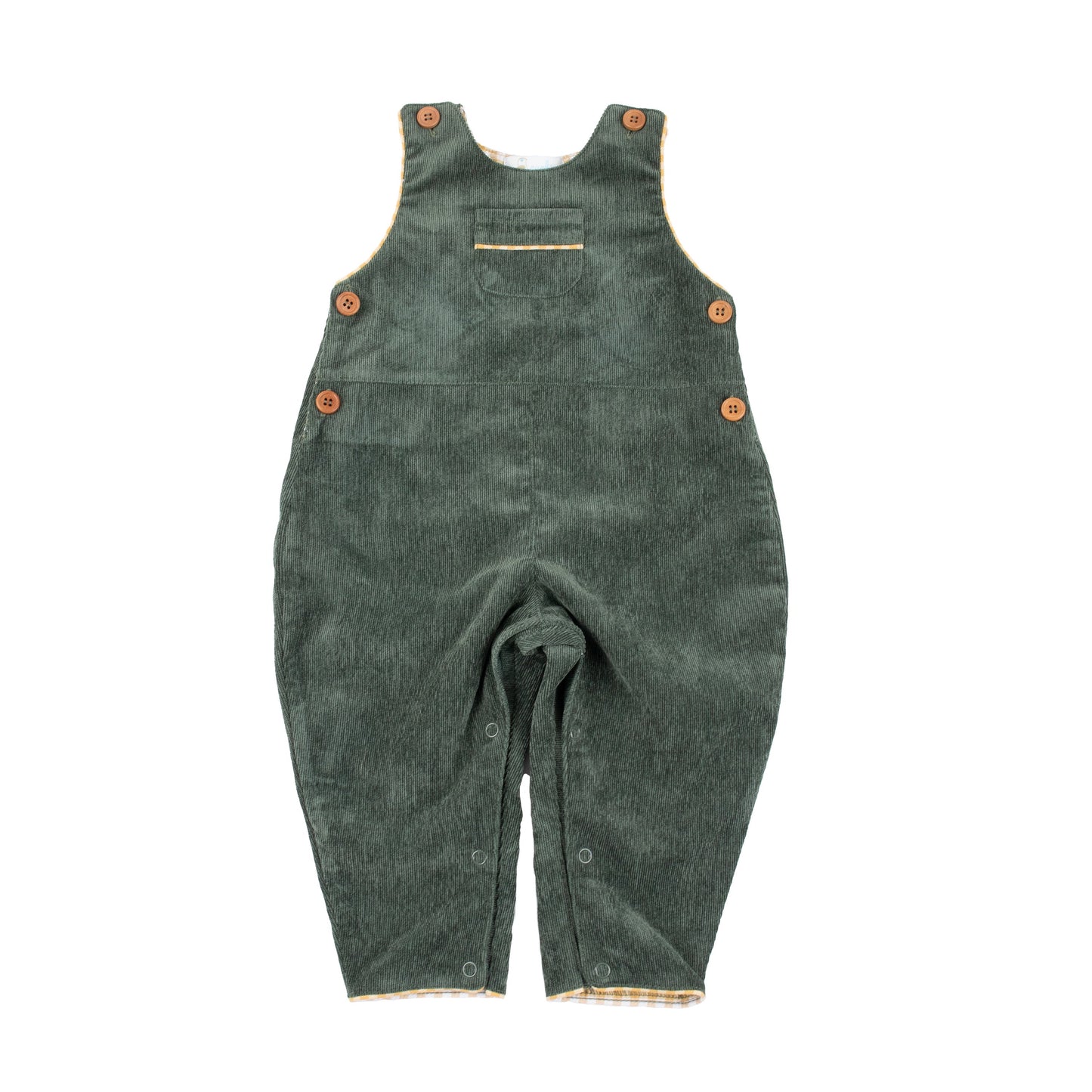 Elegant Forest Green Corduroy Boy Overalls with yellow gingham trim and wooden buttons, ideal for stylish fall and holiday wear by Cuclie