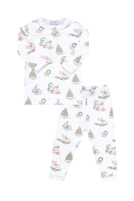 Girls Christmas Toile Print Pima Cotton Pajama Set for cozy holiday evenings  - full set view