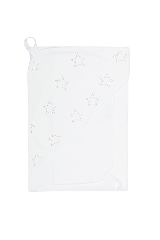 Grey Stars Print Pima Cotton Hooded Baby Towel Set