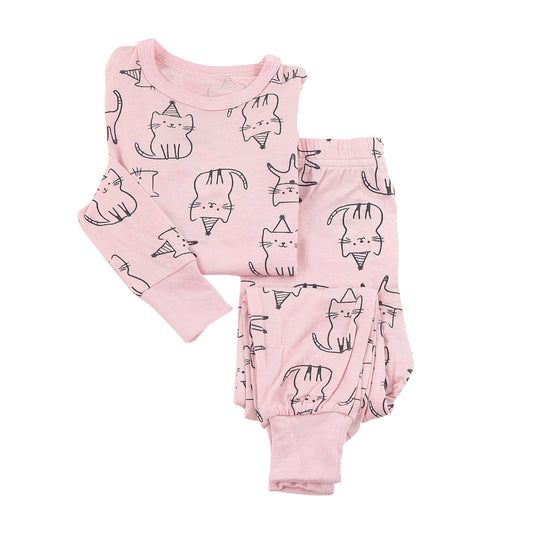 Girls Bamboo Pajama Set - Cat Print in Blossom