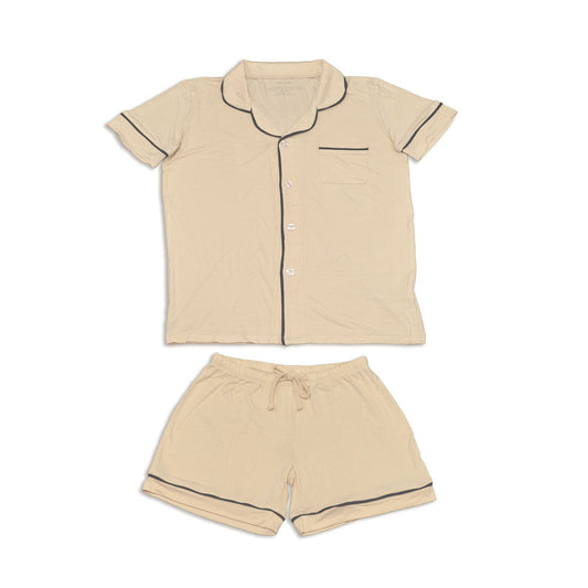 Women's Bamboo Short Sleeve Collared PJ Set with Shorts (Soft Sand)